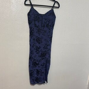 Derek Heart Blue Floral Burnout Velvet Midi Dress Wedding Guest Grunge Large Y2K